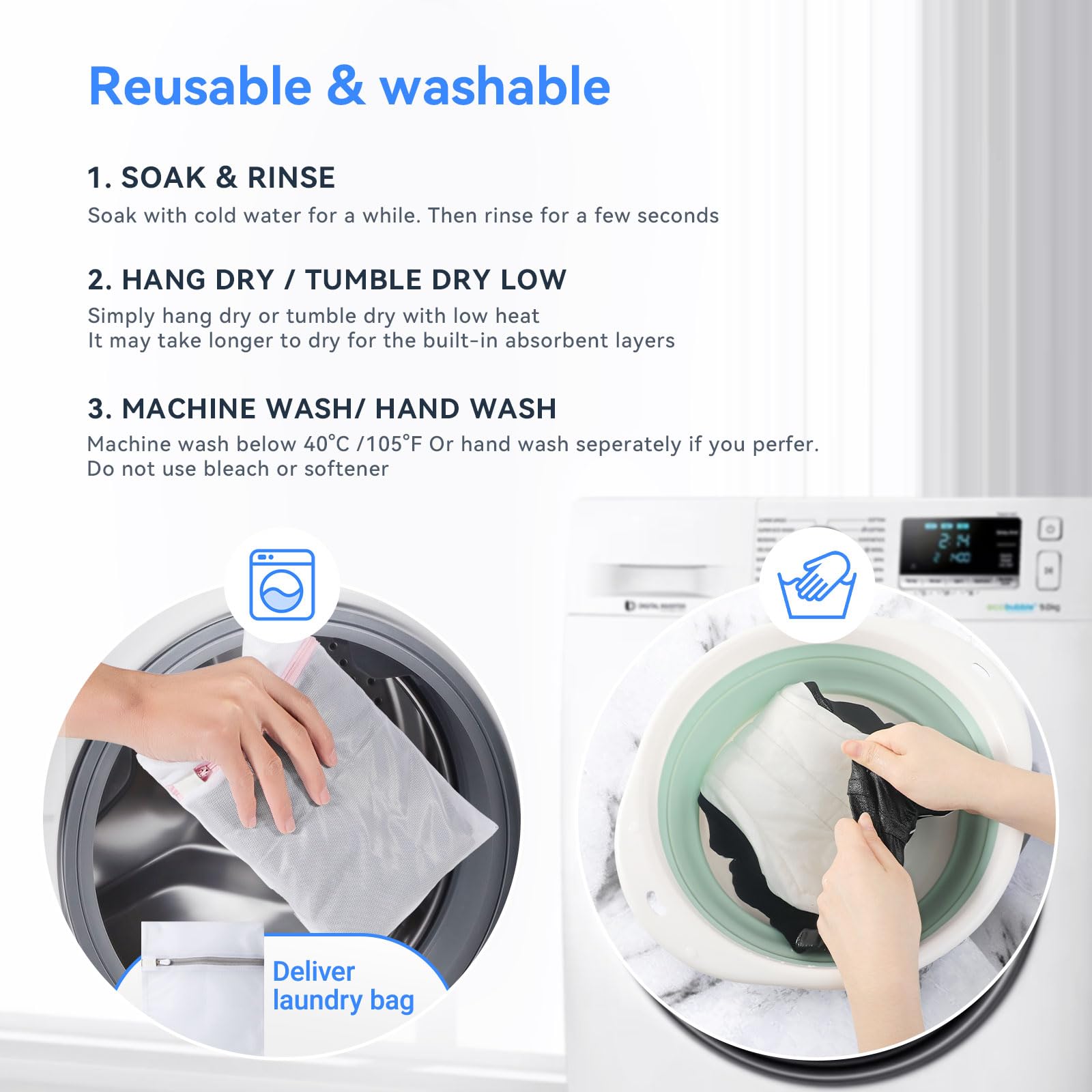 Machine washable CARER underwear for easy reuse.