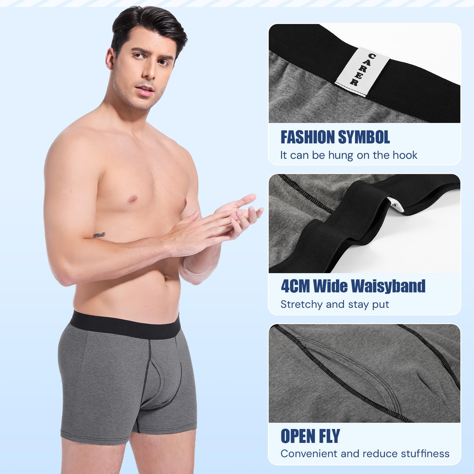 CARER men's gray side view underwear featuring breathable fabric for all day comfort