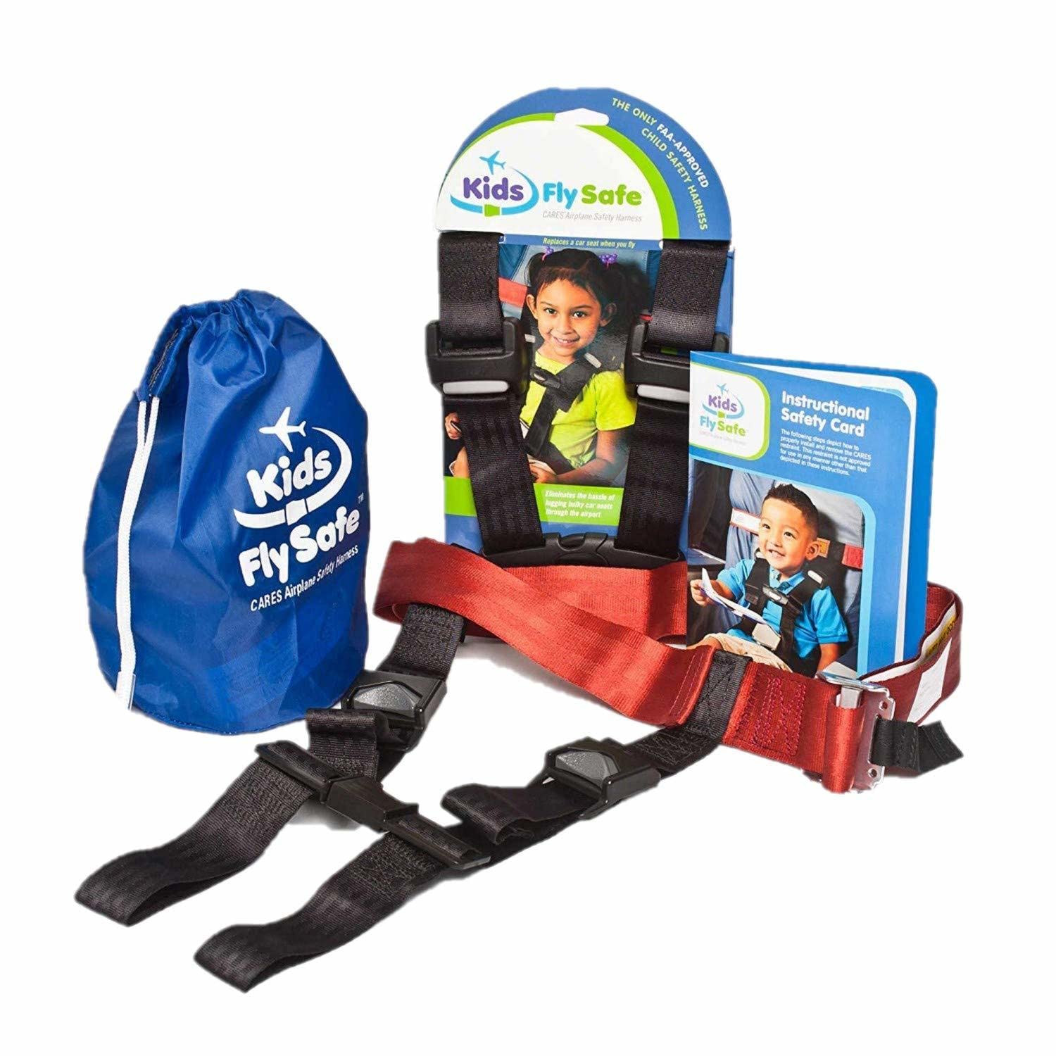 CARES harness attached to airplane seat for quick, secure child restraint.