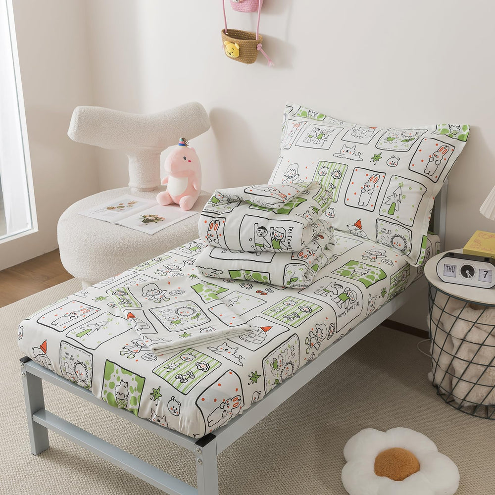 Caressma flat sheet in green animals, soft microfiber for all-season comfort