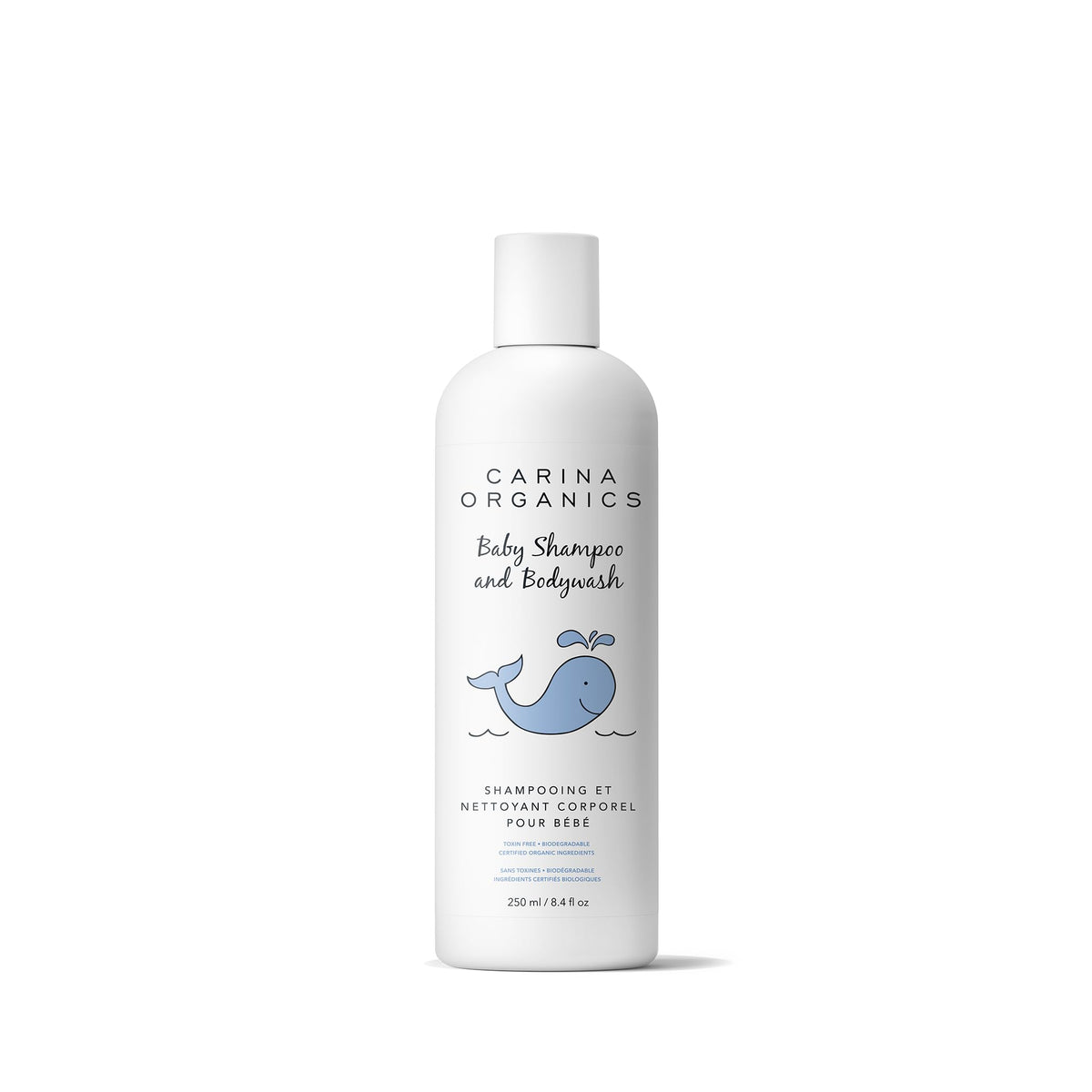 Carina Organics Baby Shampoo & Body Wash bottle, gentle plant-based formula for sensitive baby skin.