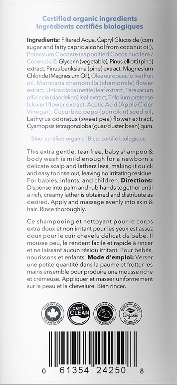 Carina Organics Baby Shampoo & Body Wash ingredients showcase organic extracts for gentle cleansing.