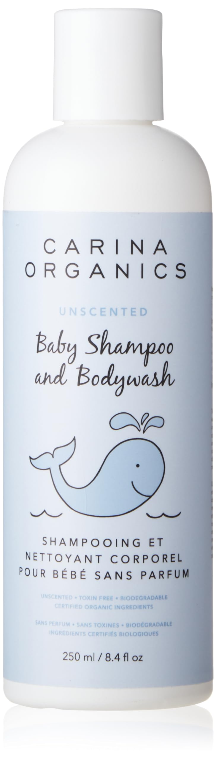 Carina Organics unscented baby shampoo bottle front; gentle, fragrance-free formula for sensitive skin.