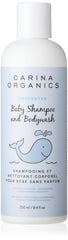 Carina Organics unscented baby shampoo bottle front; gentle, fragrance-free formula for sensitive skin.