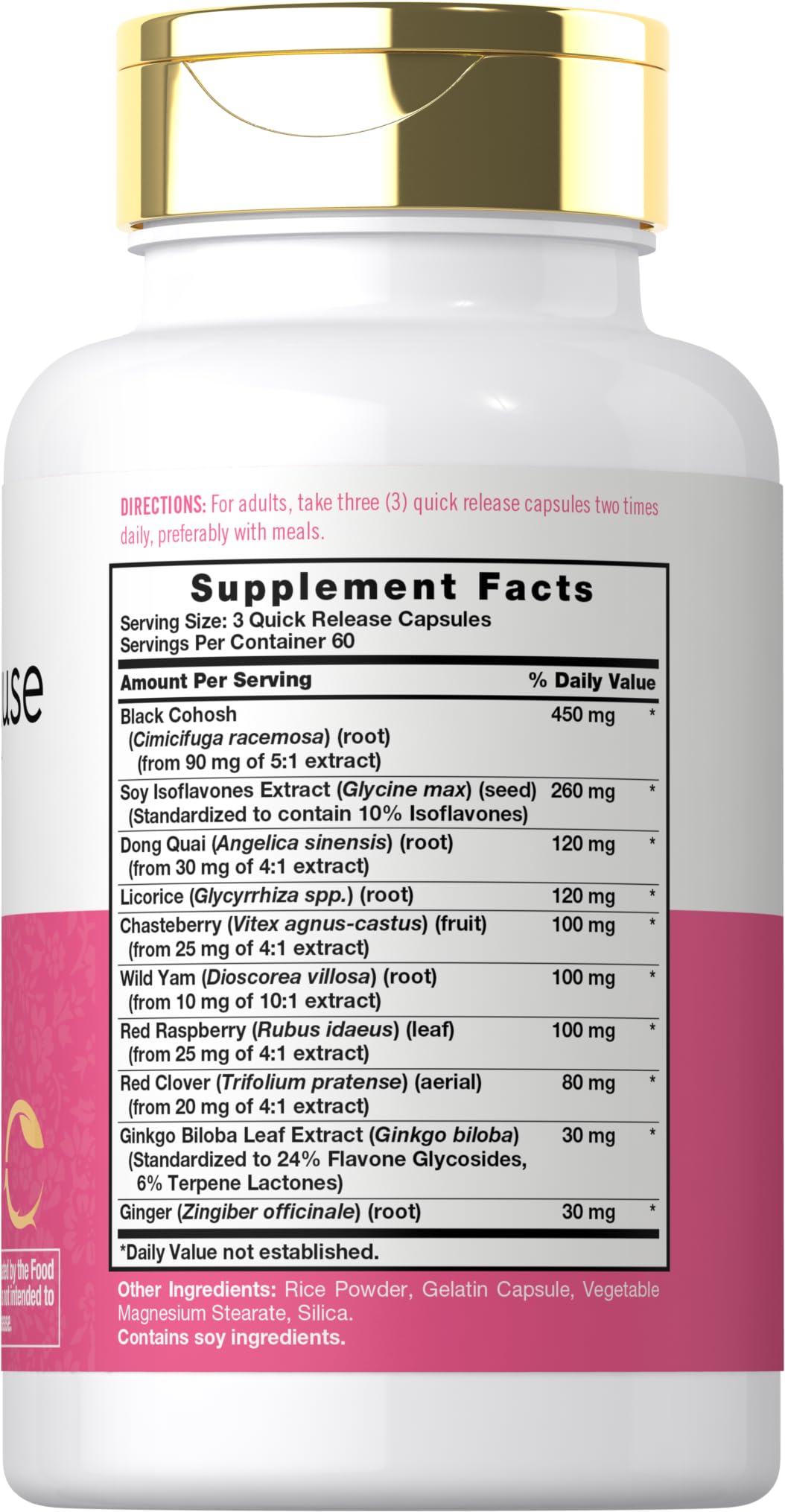 Carlyle menopause packaging label highlights quality and dietary details.