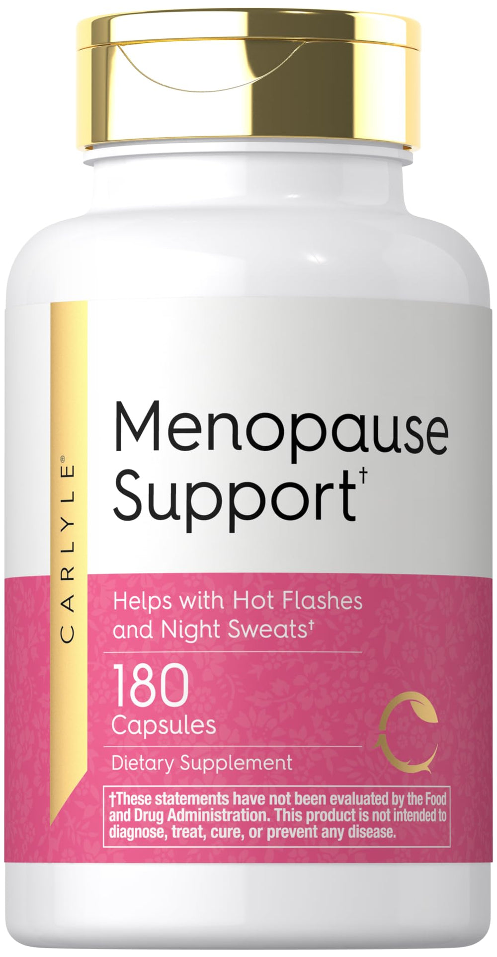 Carlyle menopause supplement bottle closeup showing non-GMO gluten-free formula for daily support.