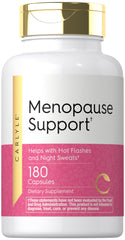 Carlyle menopause supplement bottle closeup showing non-GMO gluten-free formula for daily support.