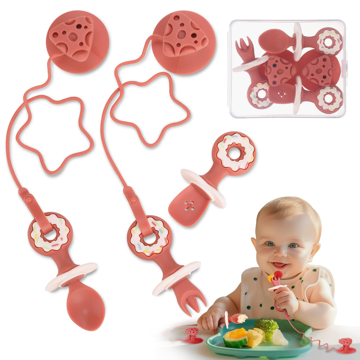 Caromolly 3-pack utensils with suction for mess-free self-feeding