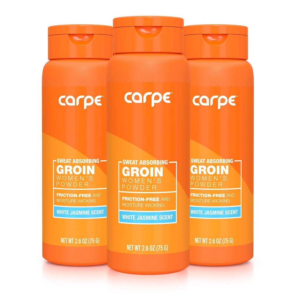 Carpe sweat-absorbing powder jar close-up shows talc-free formula for all-day freshness.