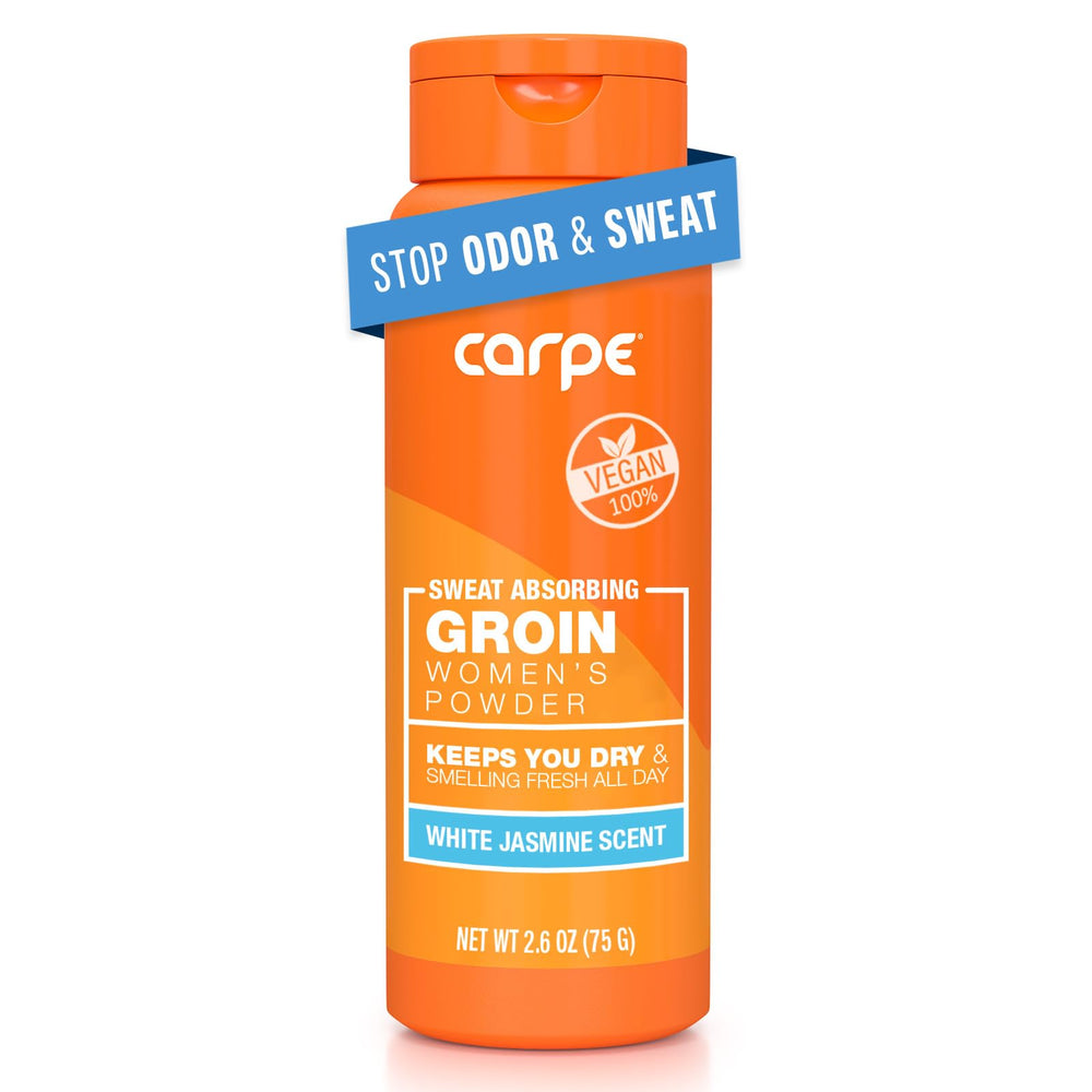 Carpe sweat-absorbing powder in a jar for all-day comfort.