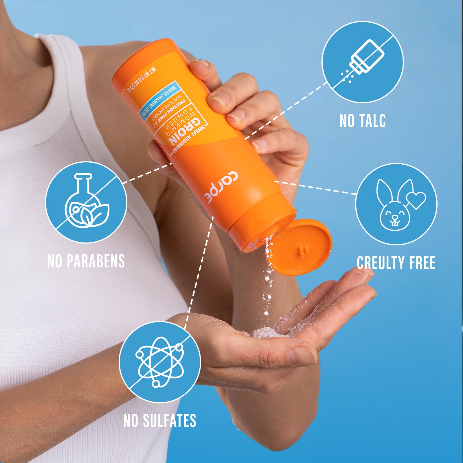 Carpe talc-free formula packaging highlights a safe, skin-friendly powder for daily use.