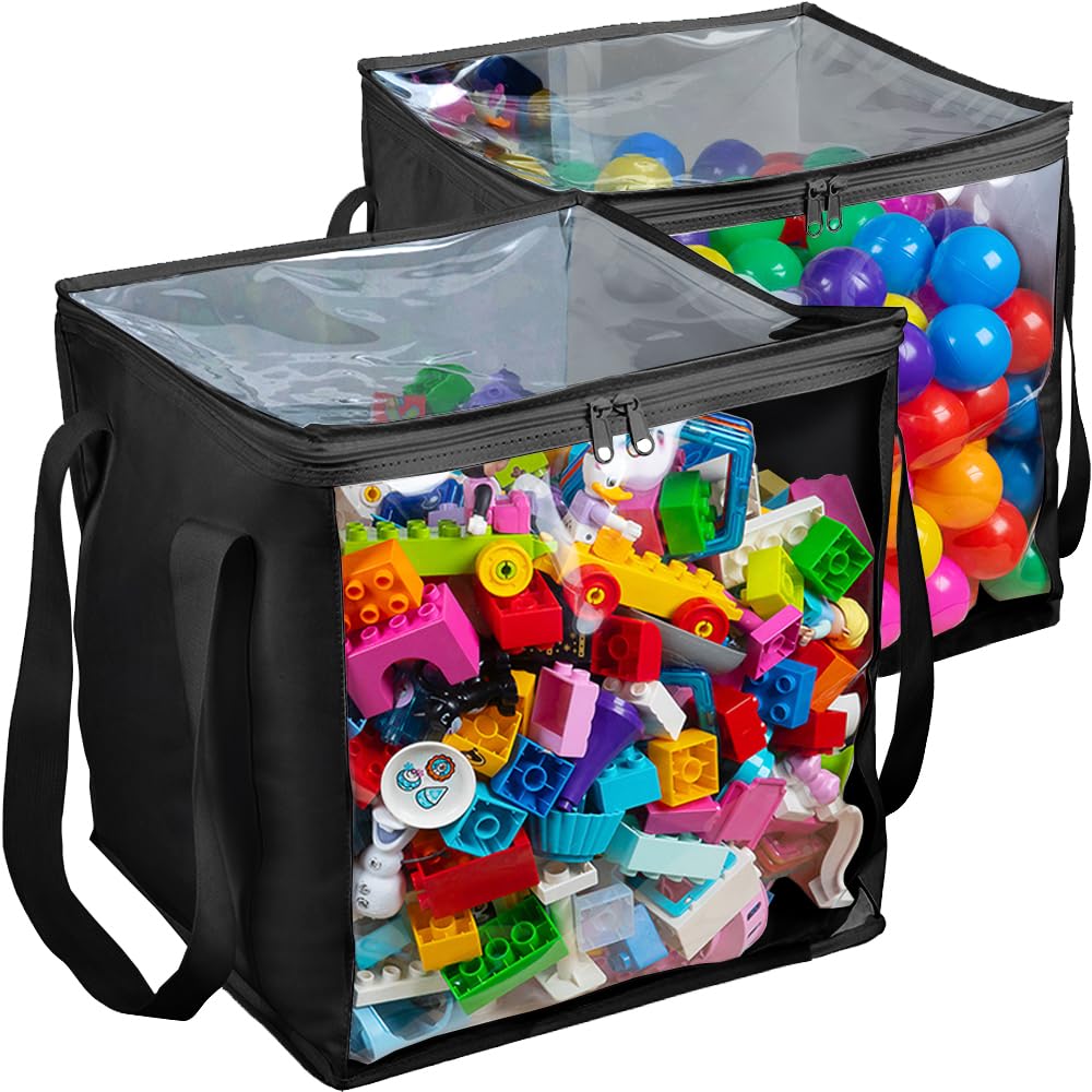 CARPETBOX clear bin 14x14x14 with open handle, ideal for quick toy access
