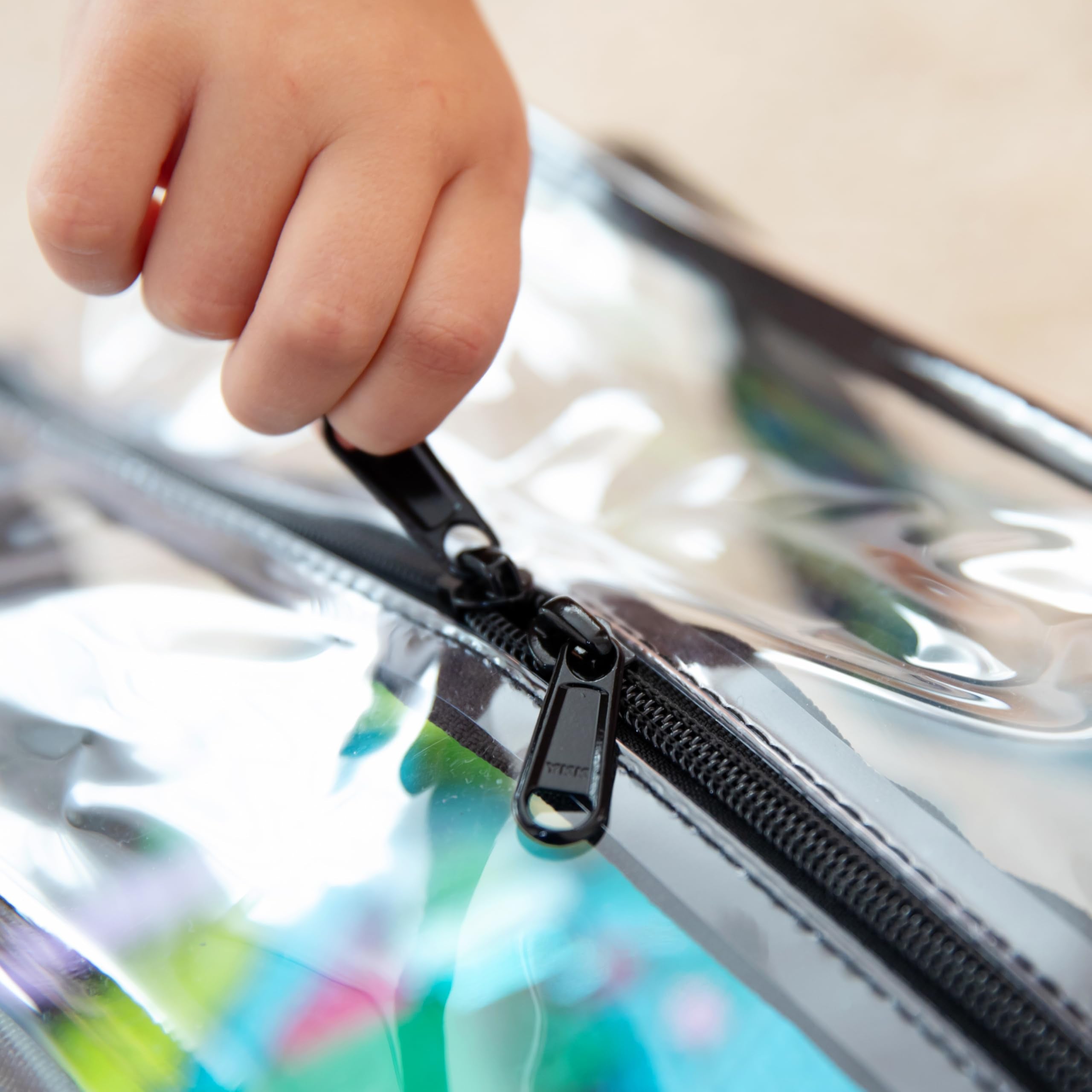 CARPETBOX clear toy storage bags with zipper for quick access.