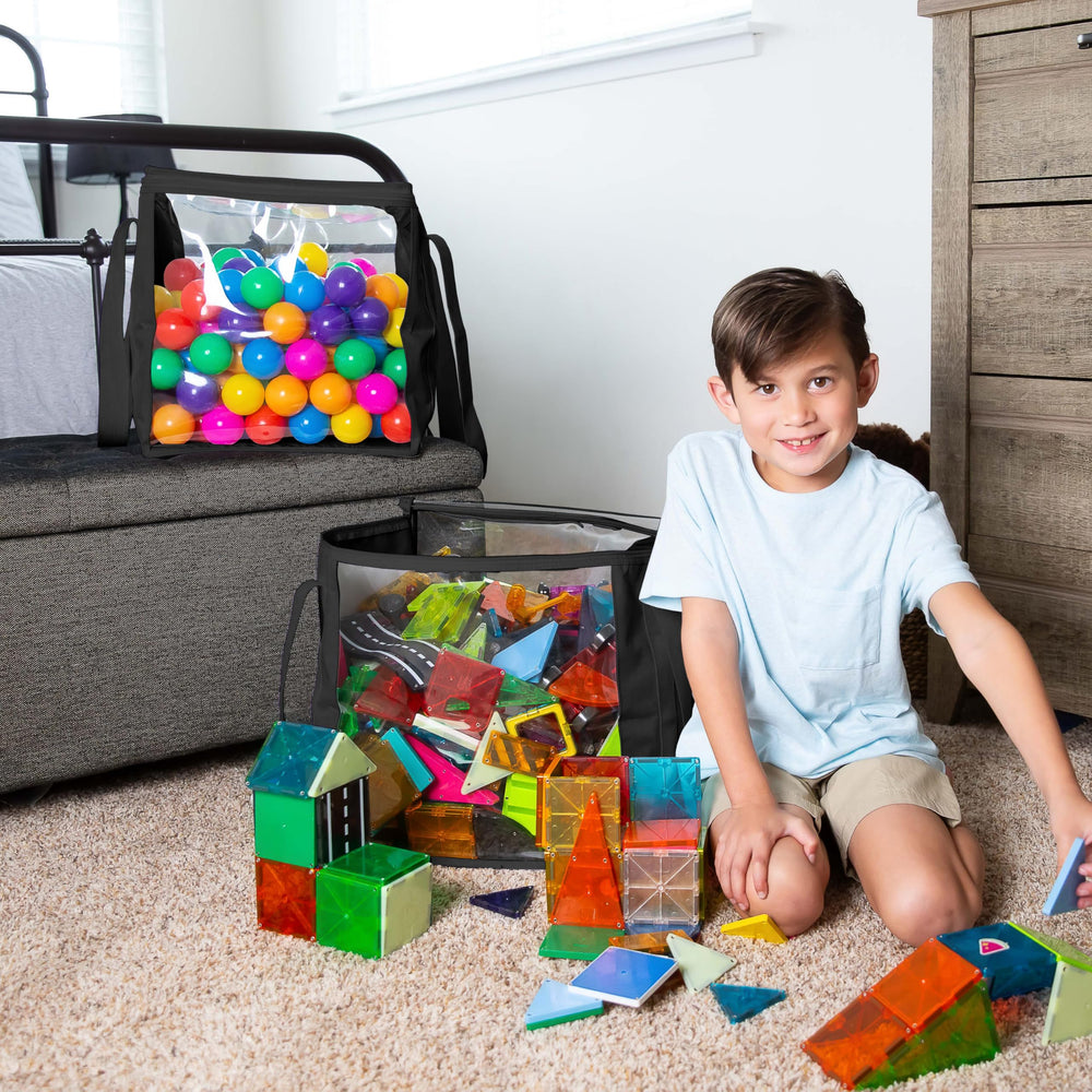 CARPETBOX clear tote bin with robust construction and long handle for easy transport