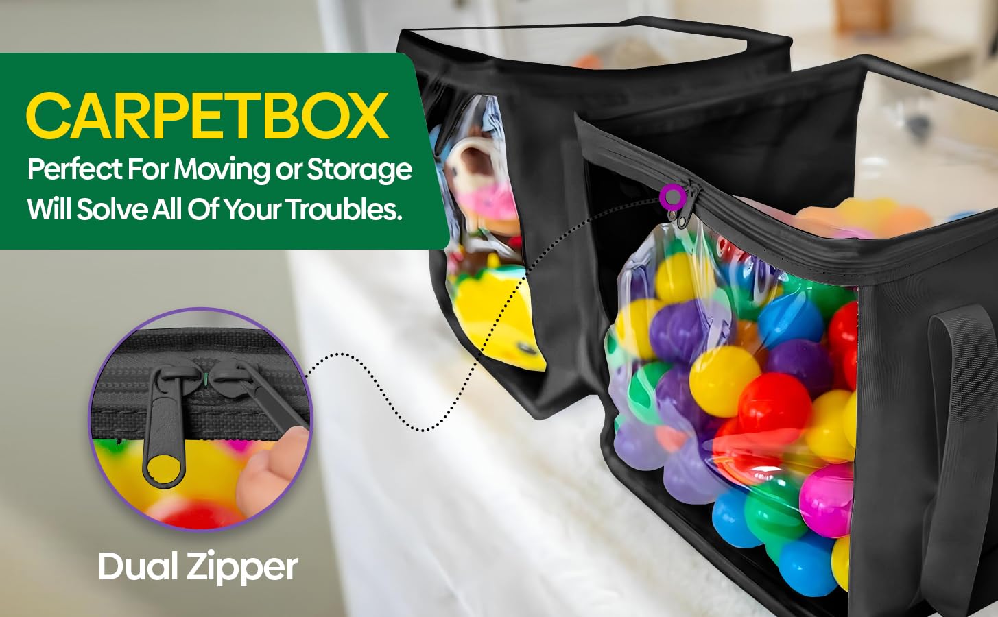 CARPETBOX stackable clear bin with handle, space-saving toy storage