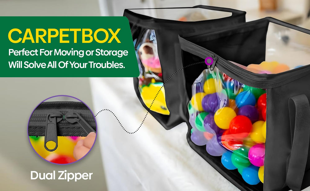 CARPETBOX stackable clear bin with handle, space-saving toy storage
