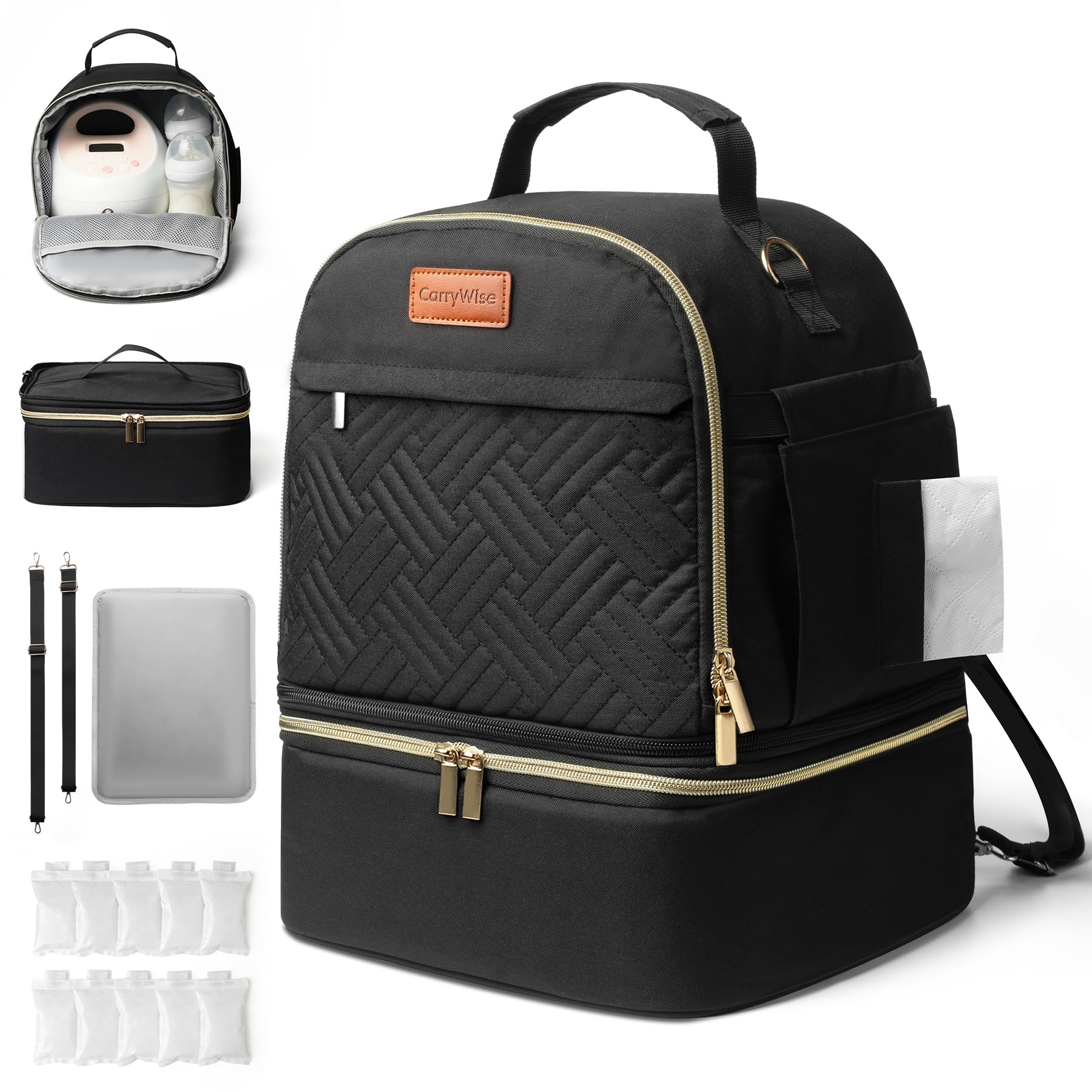 CarryWise breast pump bag upper compartment keeps pump and accessories organized for busy days.
