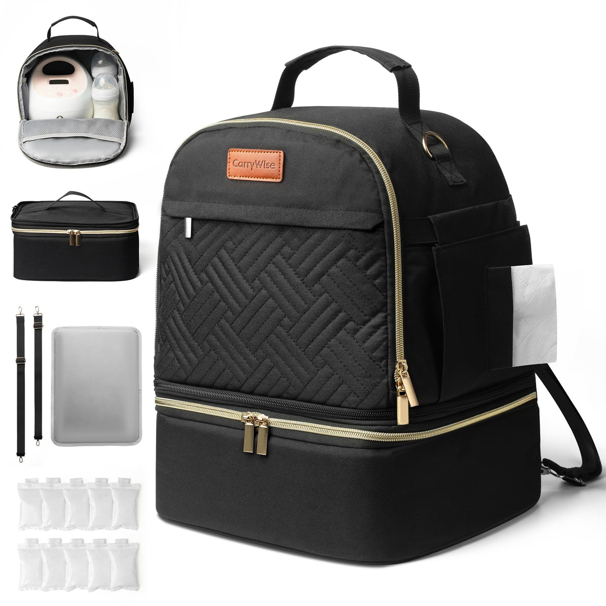 CarryWise breast pump bag upper compartment keeps pump and accessories organized for busy days.