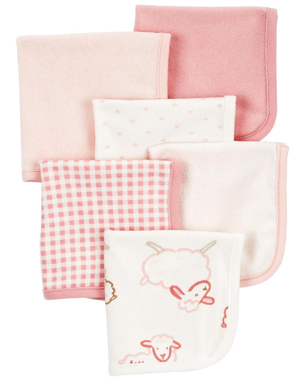 Carter's absorbent Terry washcloths in pink and ivory ideal for everyday baby baths and routines.