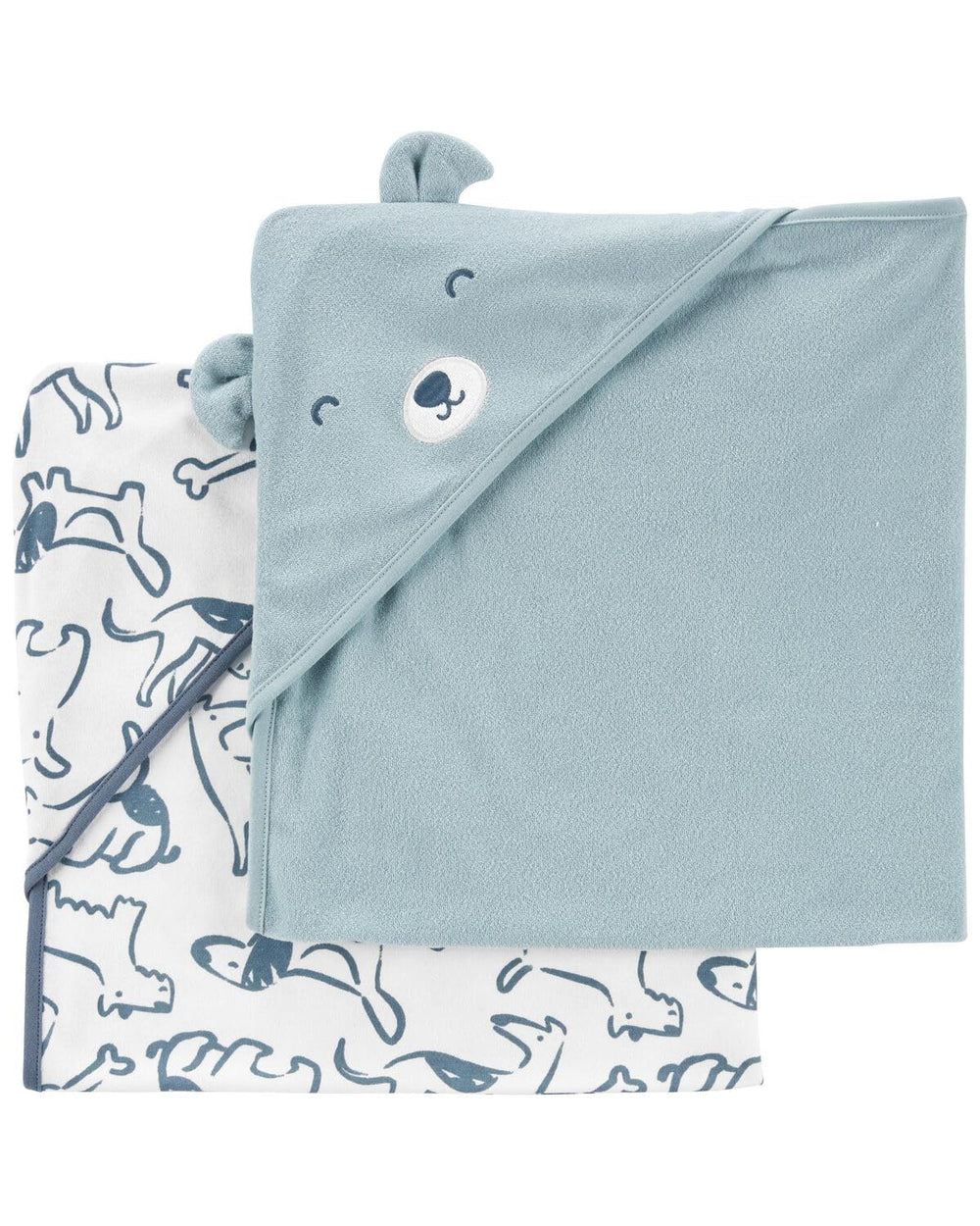 Carter's baby hooded towel 2-pack blue-white design provides cozy post-bath warmth.