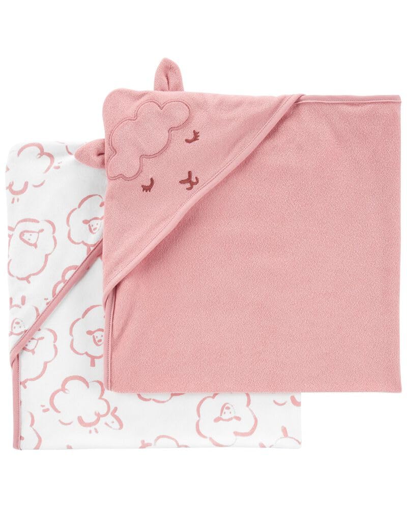 Carter's baby hooded towel folded in pink and white showing plush softness and absorbent cotton.