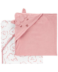 Carter's baby hooded towel folded in pink and white showing plush softness and absorbent cotton.