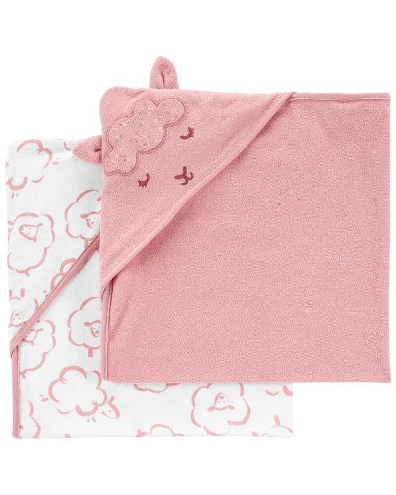 Carter's hooded towel in pink and white with hood visible for quick drying and cozy post-bath warmth.