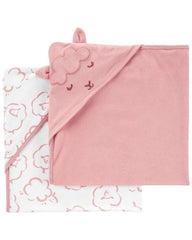 Carter's hooded towel in pink and white with hood visible for quick drying and cozy post-bath warmth.