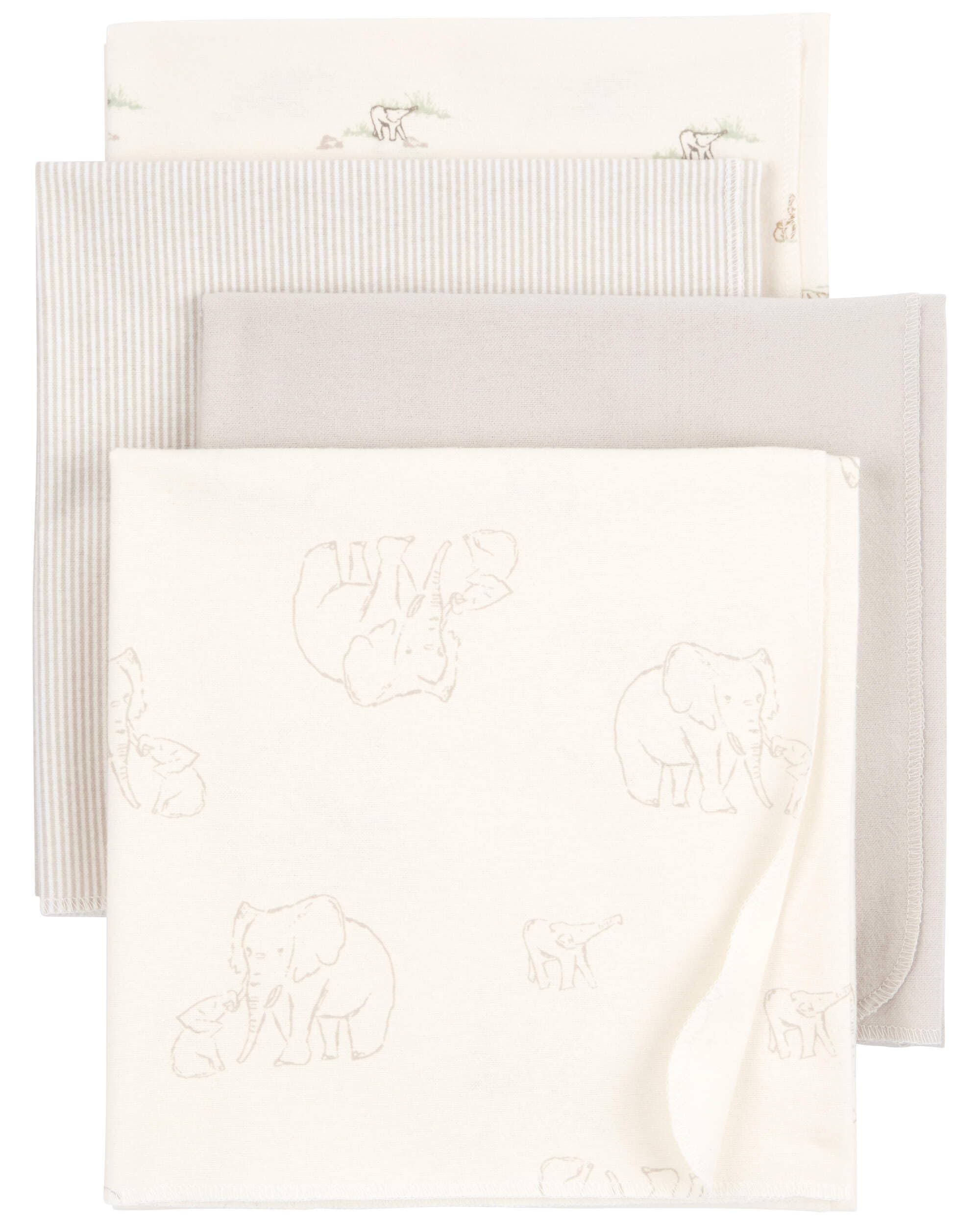 Carter's cream elephant receiving blanket laid flat for swaddle use and soft touch