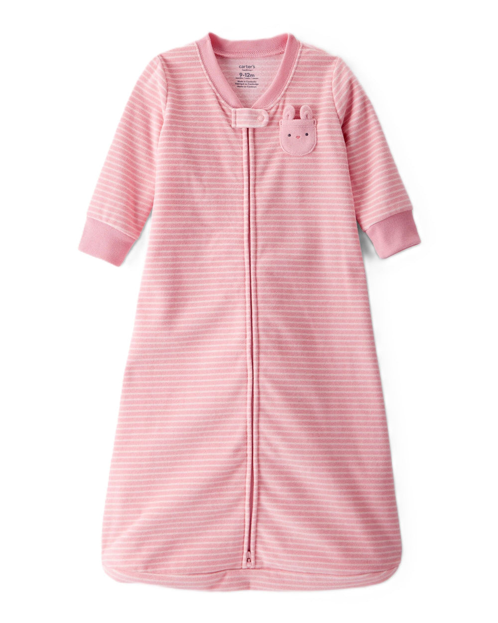 Carter's sleep bag with pink stripes and bunny applique keeps baby cozy through the night.
