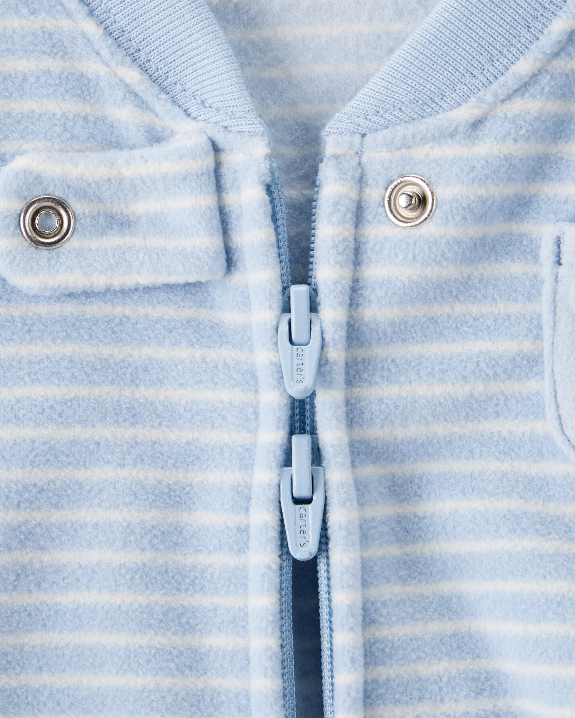 Carter's sleep bag blue dog cuff detail showing secure sleeve fit.