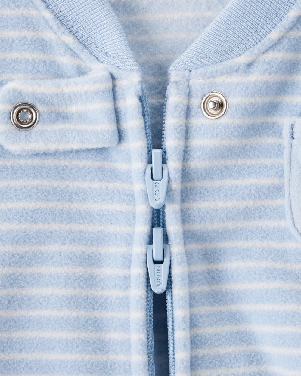 Carter's sleep bag blue dog cuff detail showing secure sleeve fit.