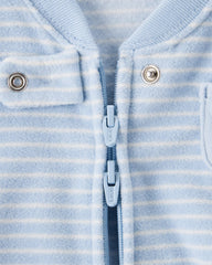 Carter's sleep bag blue dog cuff detail showing secure sleeve fit.