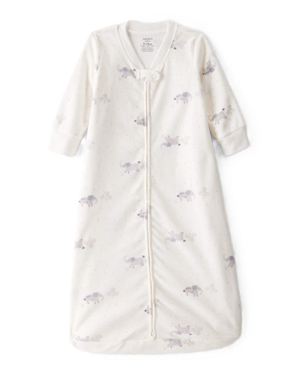 Carter's unisex baby sleep bag with white elephant print for cozy overnight comfort.