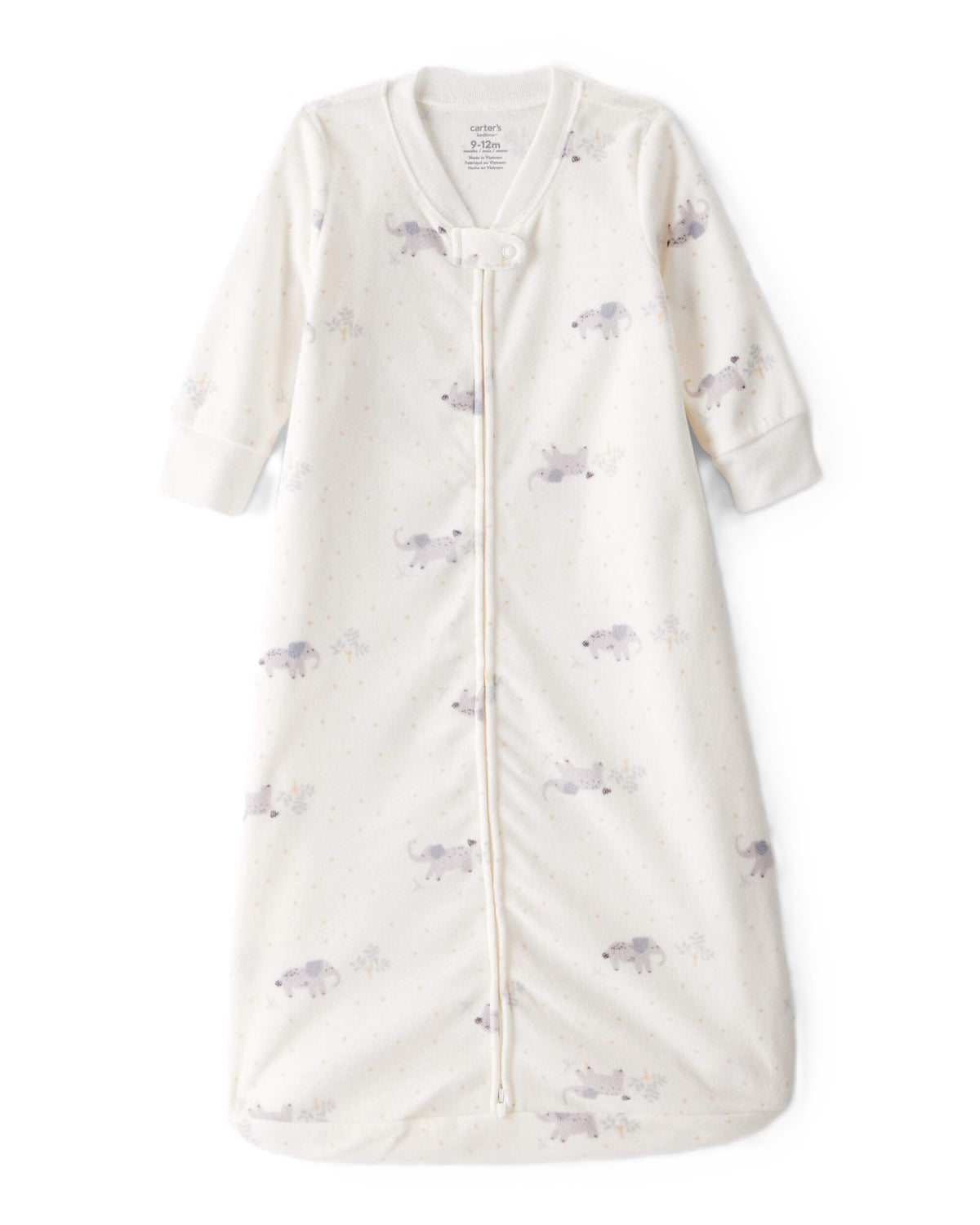 Carter's unisex baby sleep bag with white elephant print for cozy overnight comfort.
