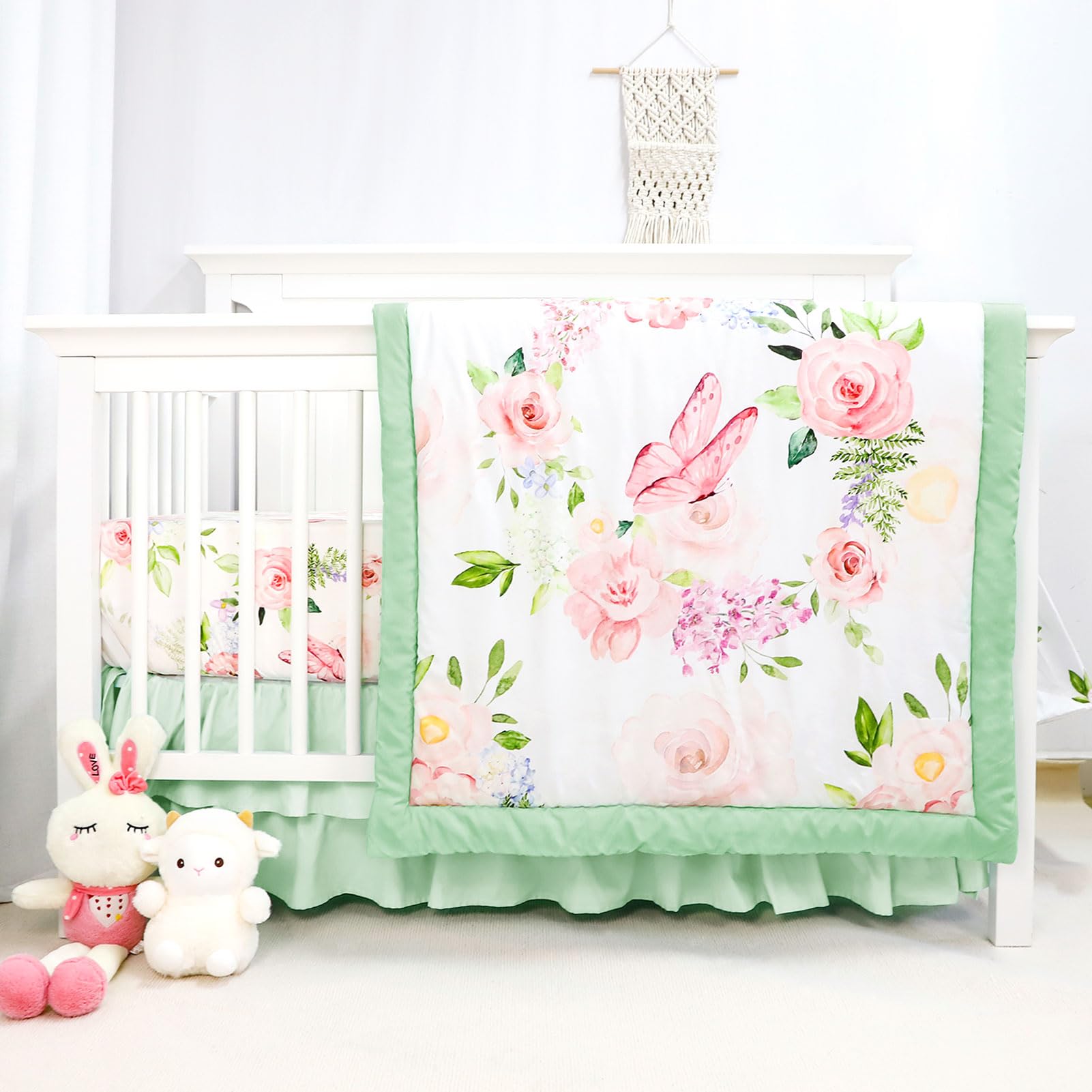 Caruili 4-piece crib bedding set with butterflies and floral design in green and pink
