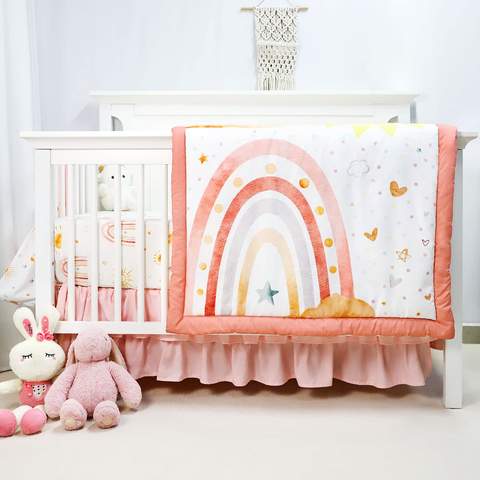 CARUILI 4-piece crib bedding set with pink rainbow comforter