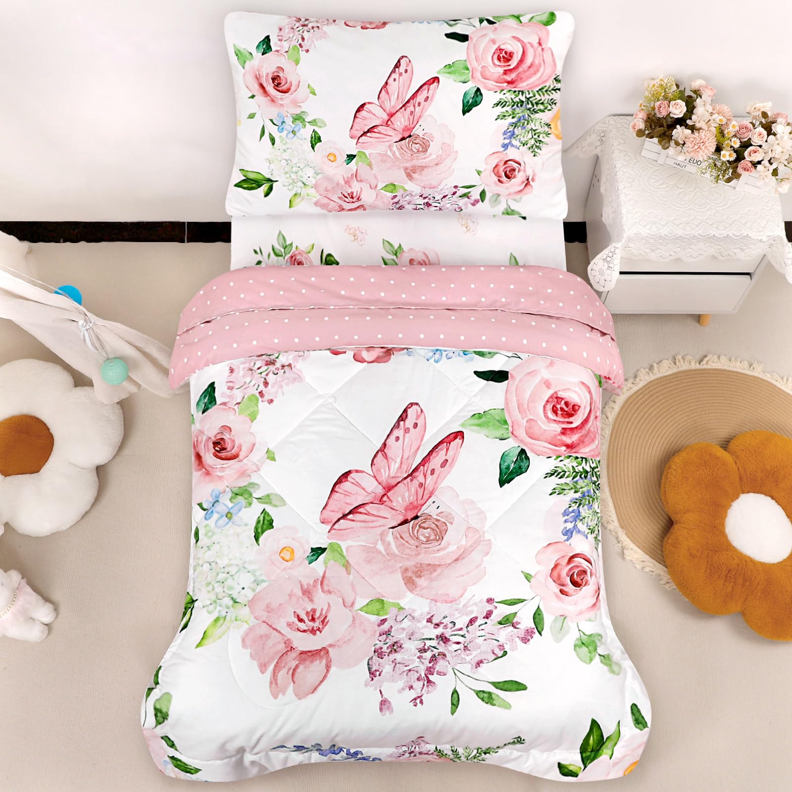 CARUILI butterfly floral pattern comforter on a toddler bed for cozy nights