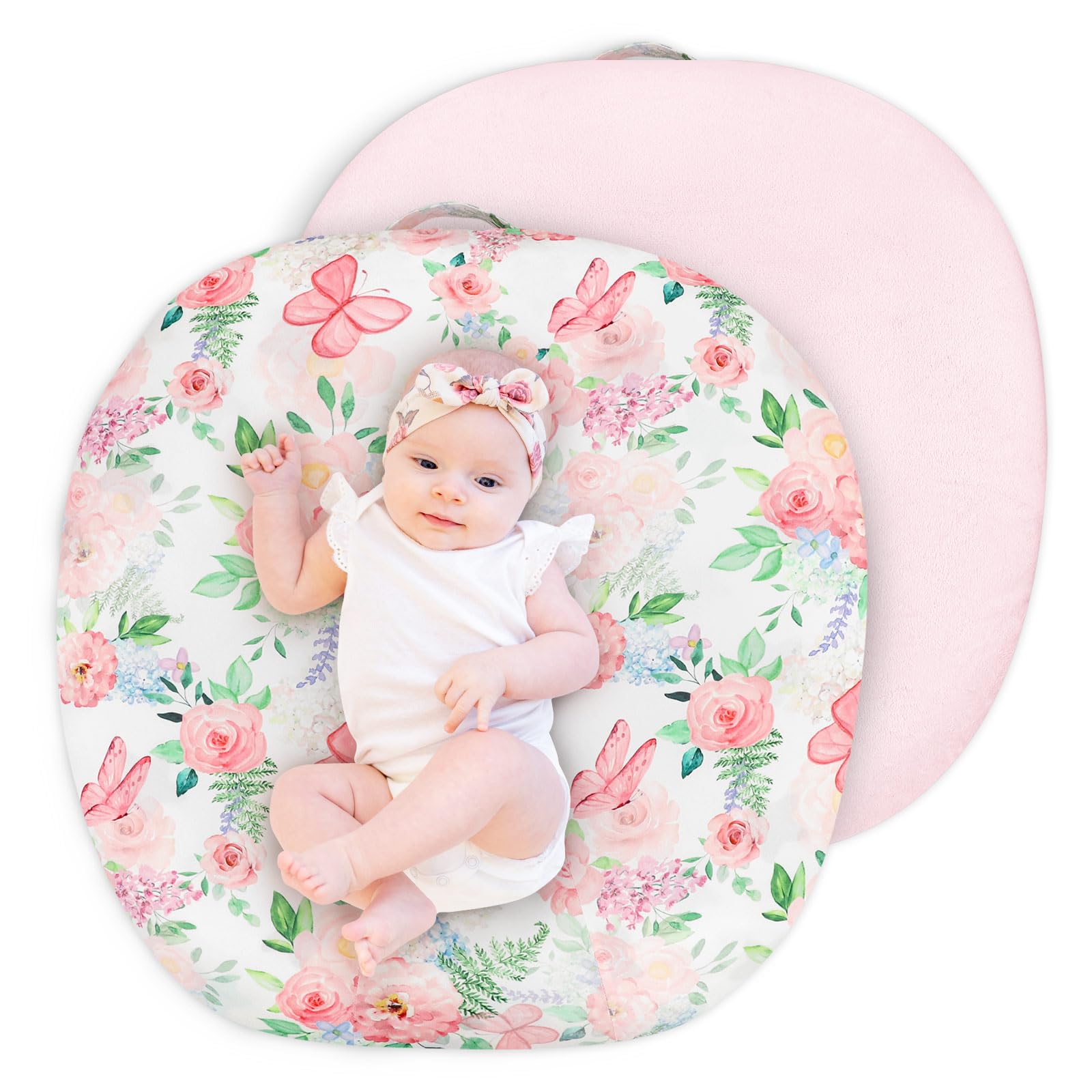CARUILI newborn lounger cover in pink floral butterfly pattern, soft plush for baby comfort.