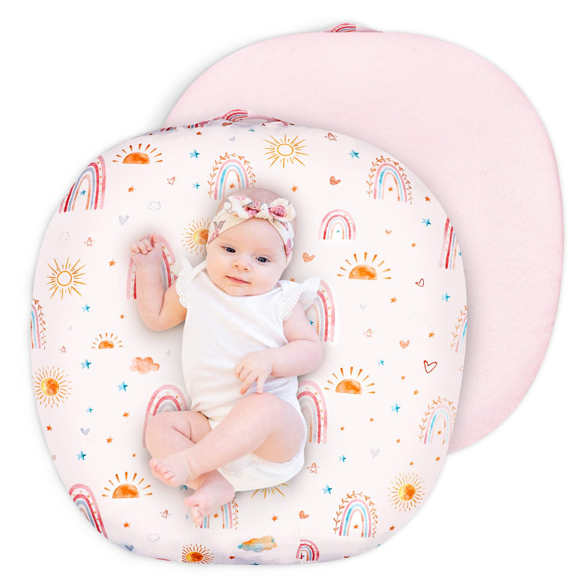CARUILI newborn lounger cover in pink rainbow pattern, soft and cozy.