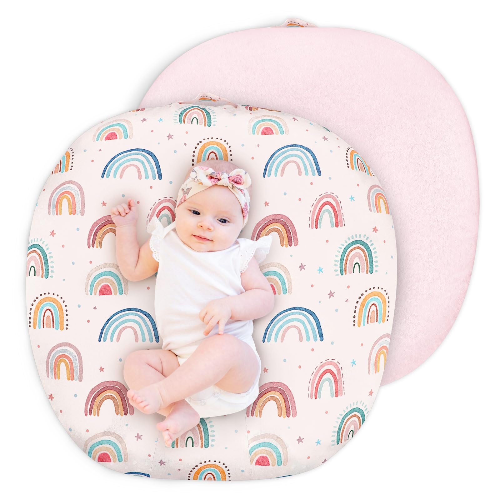 CARUILI newborn lounger cover in pink rainbow pattern for gentle baby comfort.