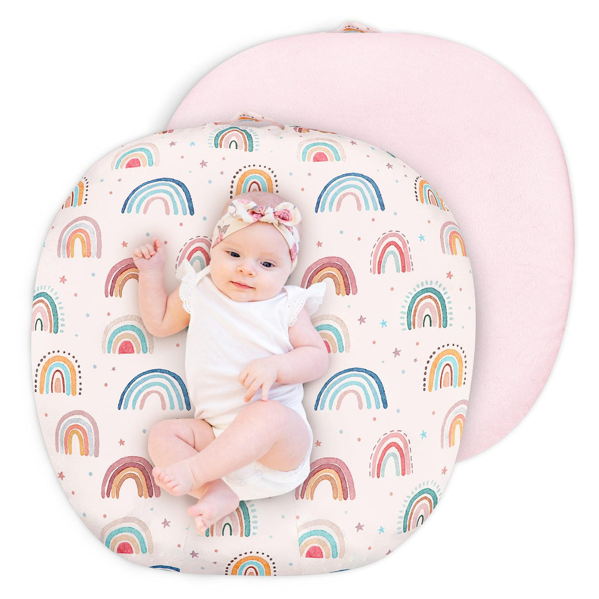 CARUILI newborn lounger cover in pink rainbow pattern for gentle baby comfort.
