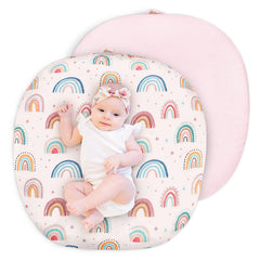 CARUILI newborn lounger cover in pink rainbow pattern for gentle baby comfort.