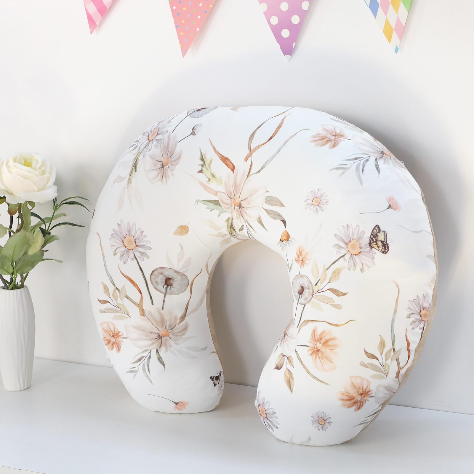 CARUILI nursing pillow cover on baby feeding scene in brown floral