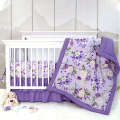 CARUILI purple floral crib comforter close-up highlights breathable cotton warmth and gentle touch.