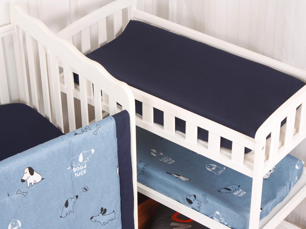 CaSaJa tailored crib skirt with split corners around posts