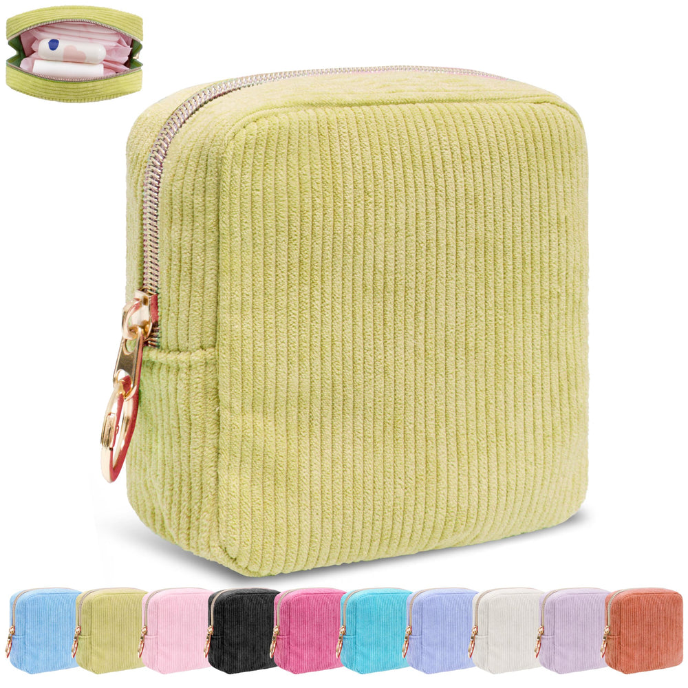 CasaRovela corduroy green period bag front view, compact storage for pads and tampons