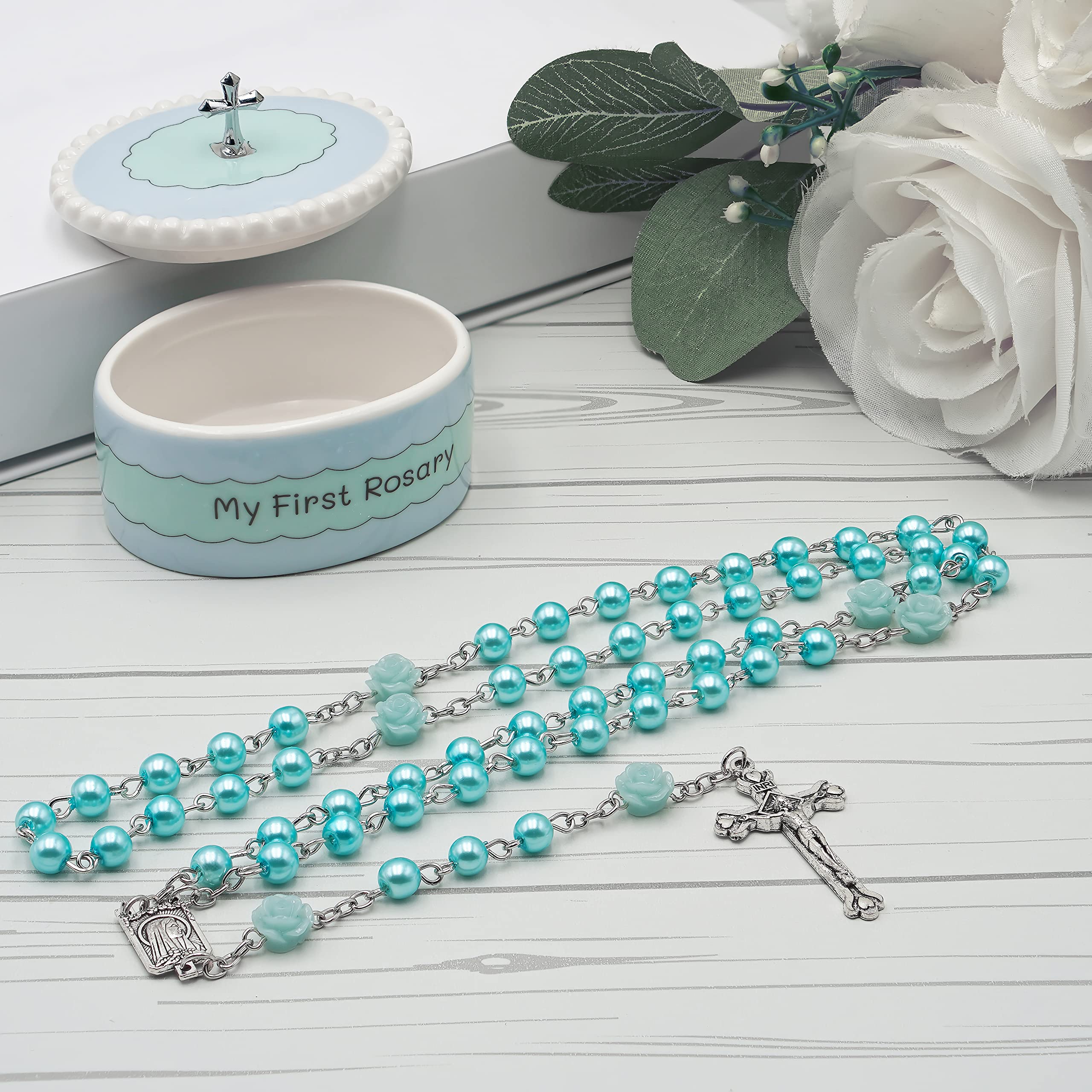 CASCADE GOODS Blue keepsake box complements the baptism rosary set
