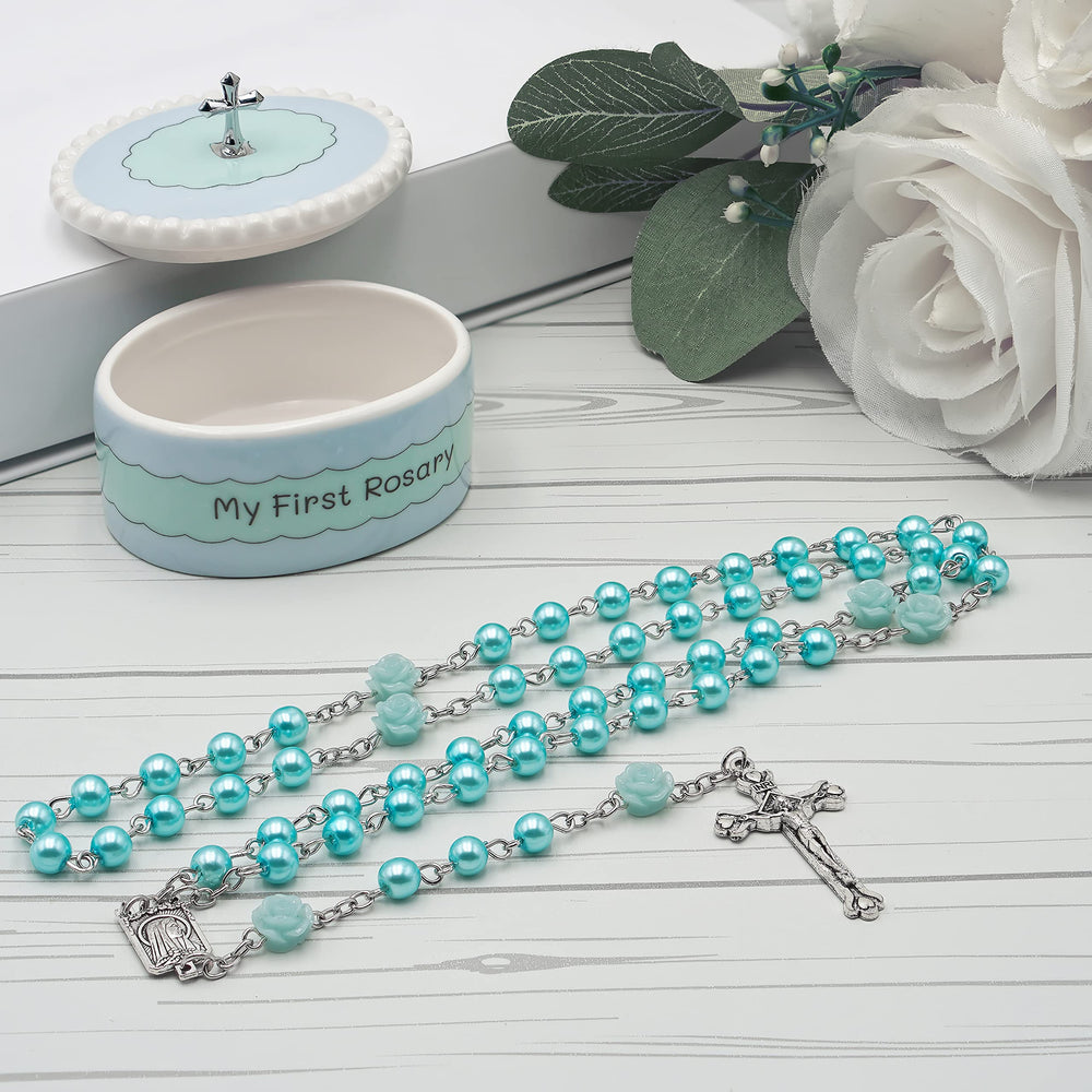 CASCADE GOODS Blue keepsake box complements the baptism rosary set