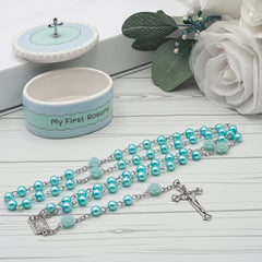 CASCADE GOODS Blue keepsake box complements the baptism rosary set